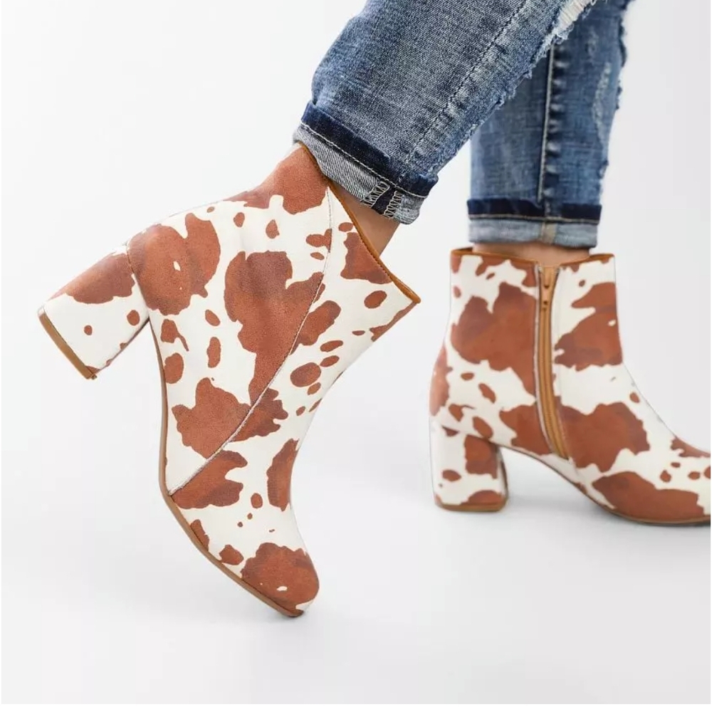 Very G Cowprint Ankle Boots in Brown and White